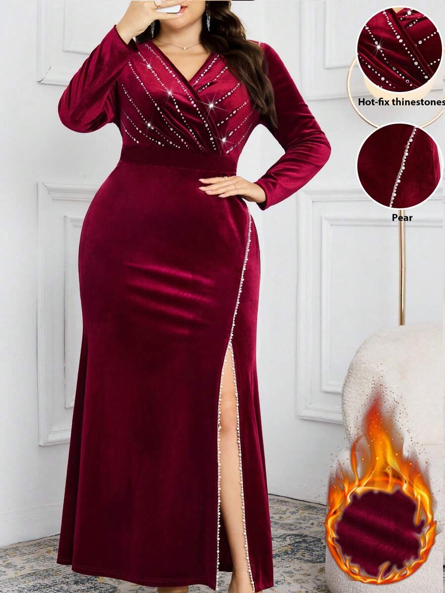 Make a statement in this stunning plus-size maxi dress that's all about glamour and confidence! The plunging V-neckline and shimmering rhinestone embellishments catch the light beautifully, while the daring high slit adds just the right amount of sass. Perfect for parties, special events, or whenever you want to feel absolutely fabulous. Slip into elegance and let your personality shine as bright as those sparkles!