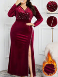 Make a statement in this stunning plus-size maxi dress that's all about glamour and confidence! The plunging V-neckline and shimmering rhinestone embellishments catch the light beautifully, while the daring high slit adds just the right amount of sass. Perfect for parties, special events, or whenever you want to feel absolutely fabulous. Slip into elegance and let your personality shine as bright as those sparkles!