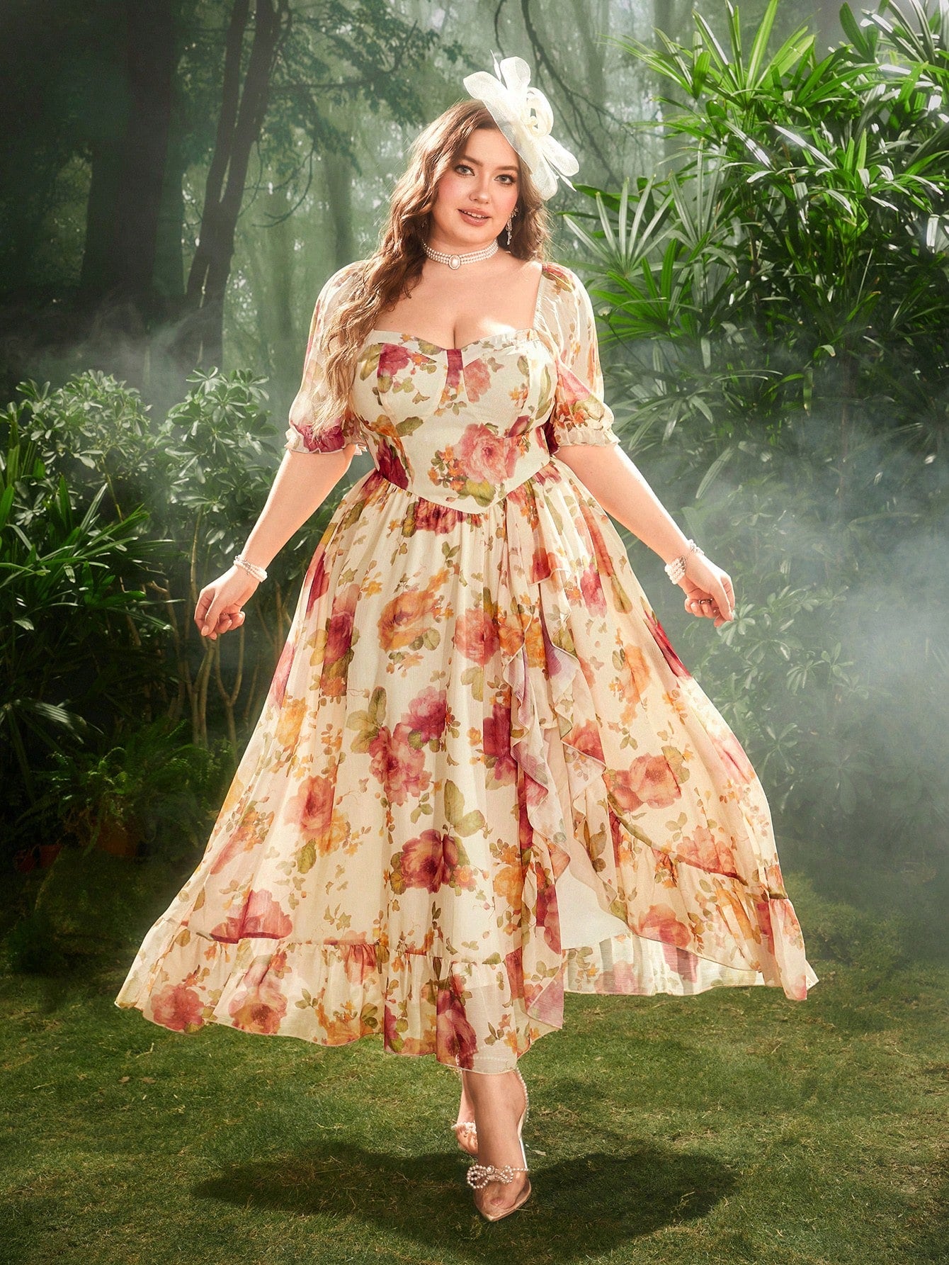 organza dress plus size Plus Size Wedding Guest Multicolor Graphic Round Neck Long Sleeve Button  See Through Organza Two Piece Dress Set