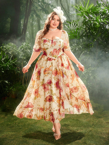 Unleash your inner rose with our Elegant Rose Organza Dress from the Lyrianda Collection. Designed for plus-size women, this dress features a delicate organza fabric with short sleeves for a touch of glamour. Perfect for a special occasion or a day out, you'll feel confident and elegant in this stunning dress.