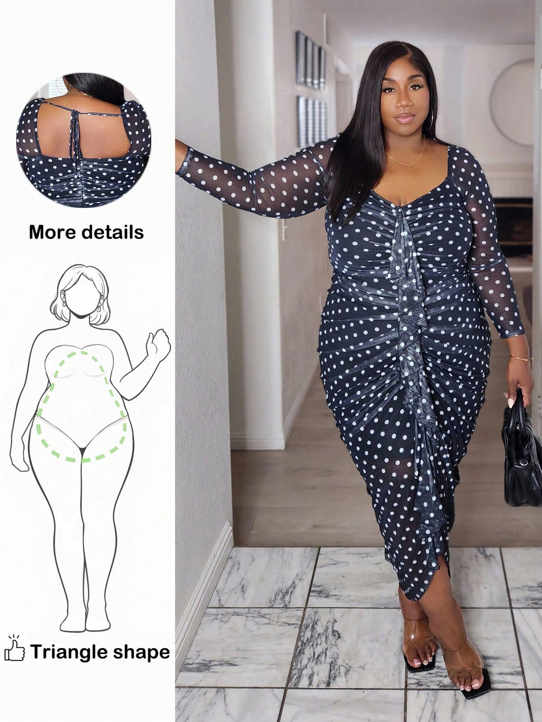 Twirl into the season with effortless charm! This elegant plus-size dress features delicate ruffles along the long sleeves and a timeless polka dot print that works beautifully for autumn gatherings, winter celebrations, or any special occasion. The flattering silhouette and flowing fabric create a look that's both sophisticated and fun. Whether you're heading to a holiday party or a casual brunch, this versatile dress brings personality and polish to your wardrobe.