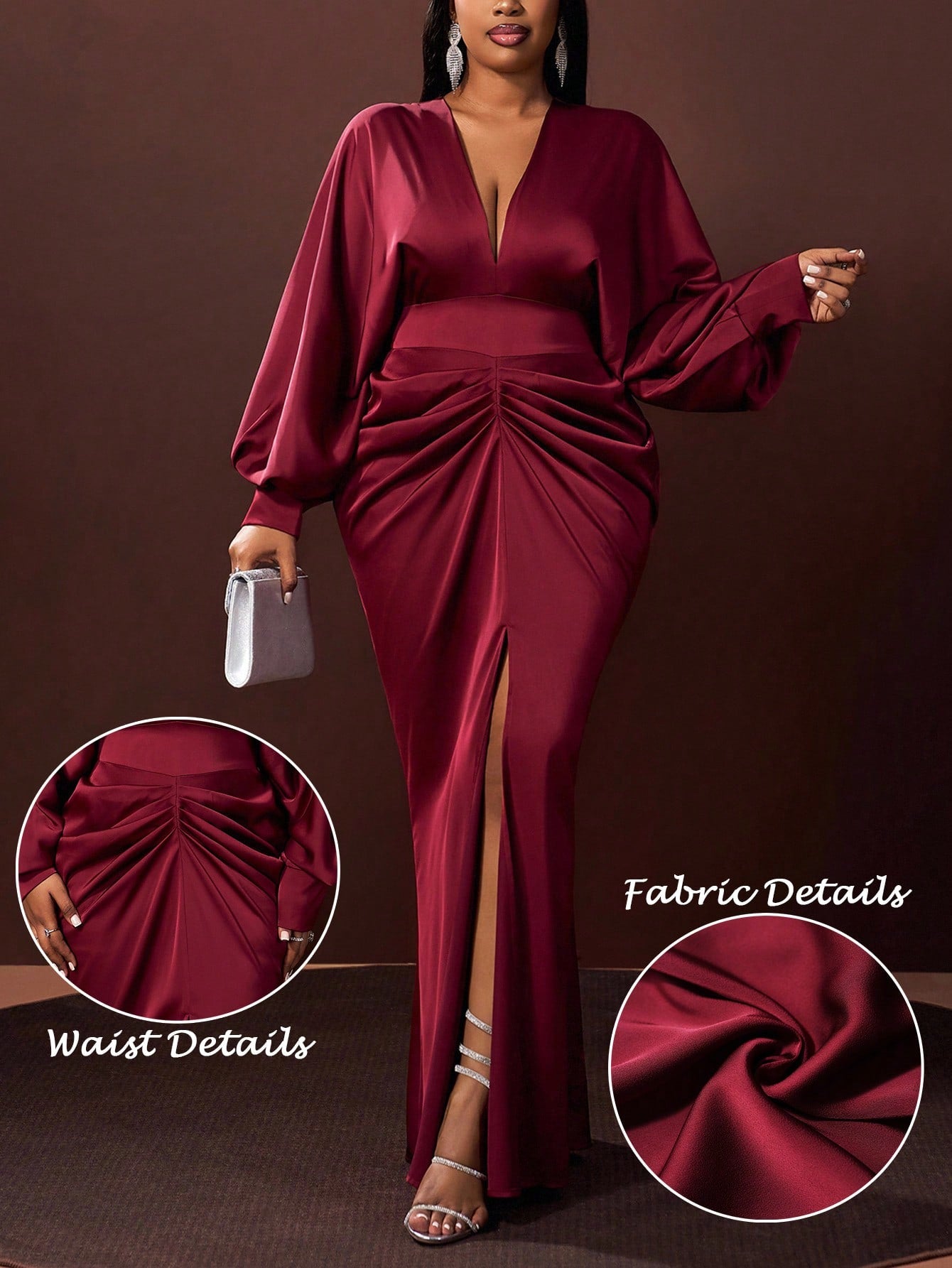 Slip into sophistication with this stunning satin maxi dress designed to make you feel absolutely fabulous. The flattering V-neckline draws the eye upward, while the ruched waist cinches beautifully to enhance your silhouette. A daring high slit adds movement and allure to every step. Crafted in luxurious satin that drapes elegantly, this plus-size beauty transitions seamlessly from autumn cocktails to winter galas. Whether you're celebrating in style or turning heads at your next event, this dress delivers