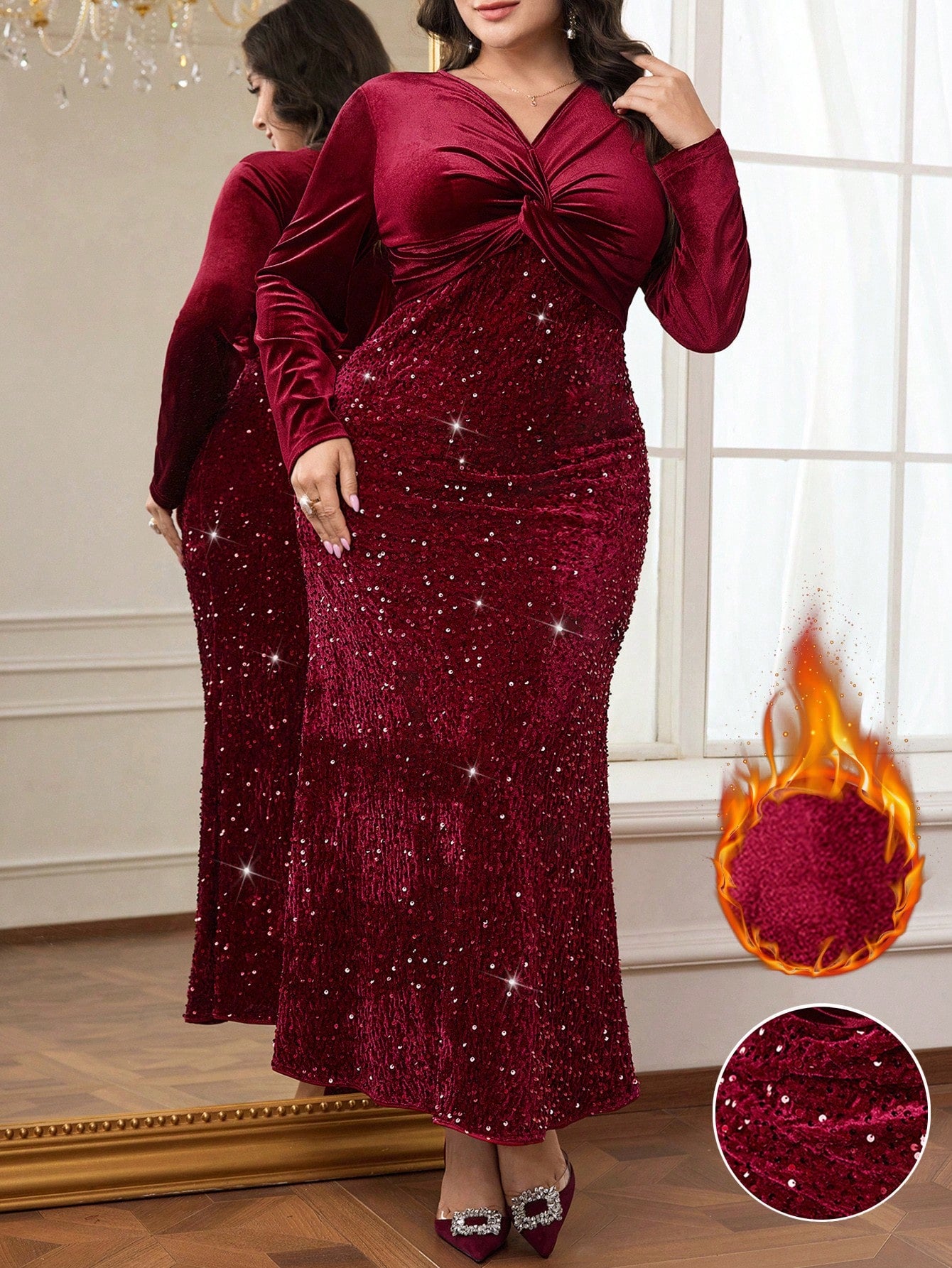 Shimmer into the spotlight this holiday season with our fabulous plus-size sequin dress! Featuring a chic twist design that flatters your curves and catches every light, this showstopper is ready to turn heads at any Christmas celebration. The dazzling sequin fabric brings instant glamour and festive sparkle, while the thoughtful twist detail adds a touch of sophistication and movement. Perfect for parties, dinners, or anywhere you want to feel absolutely radiant. Slip into confidence and celebrate in style