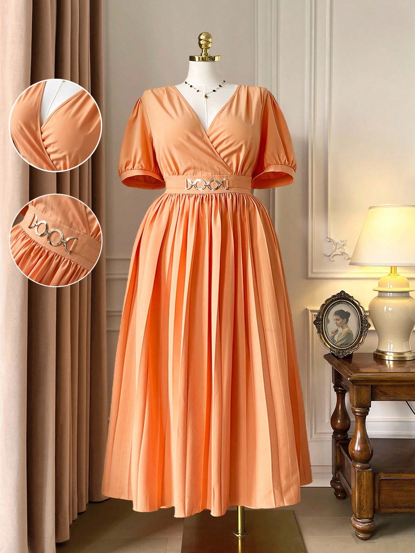 Step out in style with this Elegant Plus Size Short Sleeve Dress, designed to flatter every curve. The playful pleated waist adds a touch of charm, while the sleek metal accent brings a dash of sparkle to your look. Perfect for any occasion, this dress combines comfort and sophistication effortlessly.