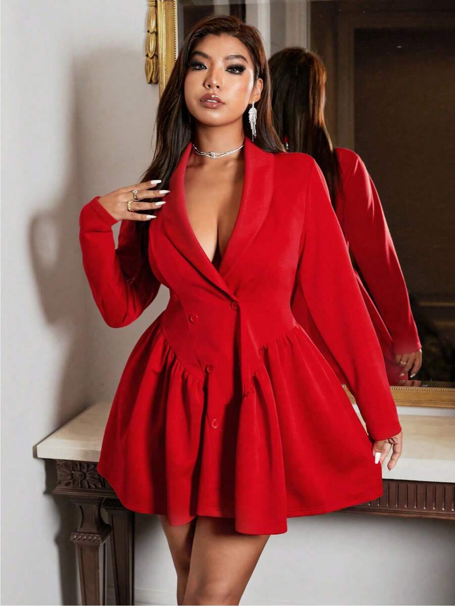 Celebrate in style with this elegant plus size dress designed to turn heads at any New Year party. Its solid color and stand collar create a chic, timeless look, while the playful ruffle hem adds a touch of flirty charm. Comfortable and flattering, this dress effortlessly blends sophistication with fun, making your festive season unforgettable.