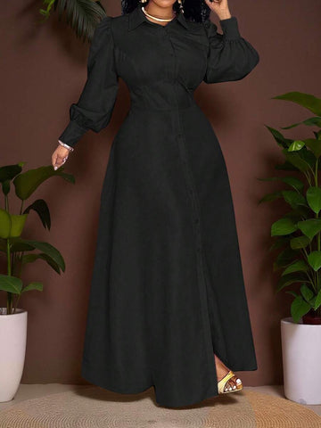Step out in style with this elegant plus-size long dress featuring chic front buttons and a flattering solid color. Designed for stylish commuters, it combines comfort and sophistication, making your daily journey feel like a runway stroll. Perfect for those who want to add a playful yet polished touch to their wardrobe!
