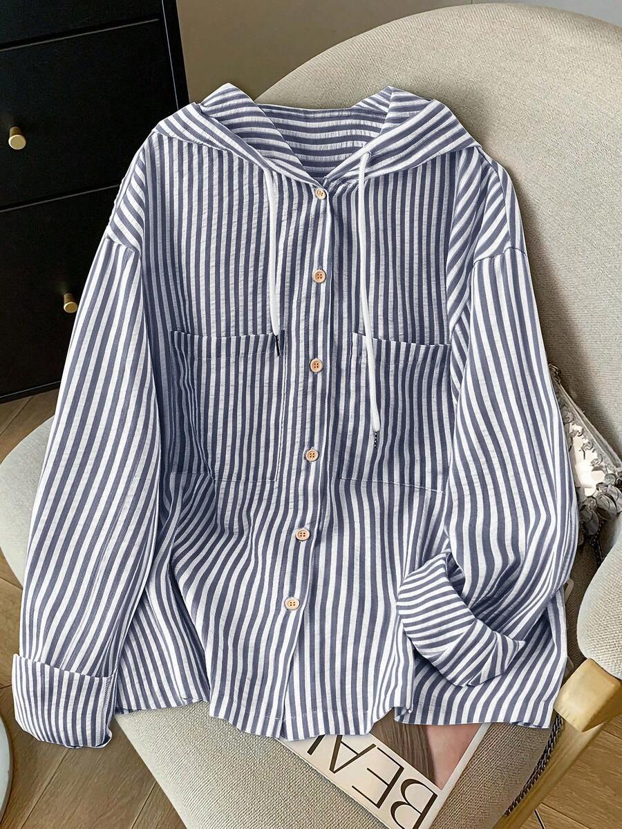 Stay effortlessly chic through the changing seasons with this Plus Size Lightweight Striped Hooded Shirt. Perfectly tailored to offer both comfort and a flattering silhouette, this piece is the ideal transitional staple for Summer and Autumn.