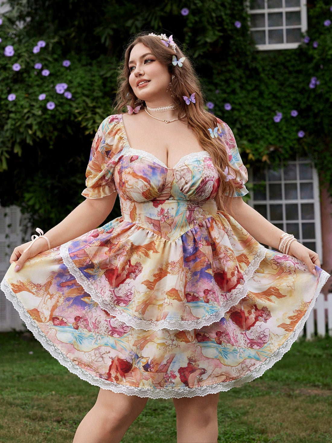 Step into sunshine with this Elegant Plus Size Summer Dress, featuring a charming vintage angel print that adds a whimsical touch to your look. Delicate lace trim enhances its feminine flair, making it perfect for warm days and breezy evenings. Designed to flatter and flow, this dress combines comfort with playful elegance for your summer adventures.