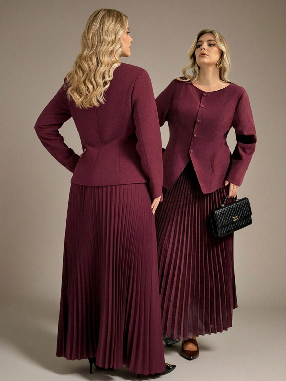 Elevate your workweek wardrobe with this chic two-piece set that's equal parts polished and fun! The tailored blazer pairs perfectly with a graceful pleated skirt, creating an effortlessly sophisticated look that takes you from morning meetings to after-work adventures. Designed with plus-size comfort in mind, this set celebrates your style without compromise. Whether you're channeling spring freshness or autumn elegance, you'll feel confident and fabulous in this versatile office essential that proves prof