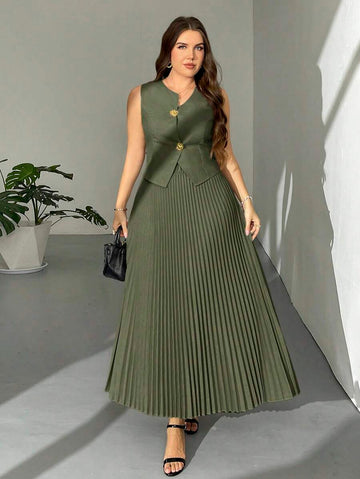 Elevate your wardrobe with this chic two-piece ensemble that proves sophistication has no size limit. The tailored French vest pairs perfectly with a pleated skirt adorned with gleaming metal buttons, creating an effortlessly polished look. Crafted in a versatile khaki tone, this set transitions seamlessly from office meetings to weekend brunch. Whether you're dressing up or keeping it casual, this playful yet refined combination lets you mix, match, and make a statement with confidence and style.