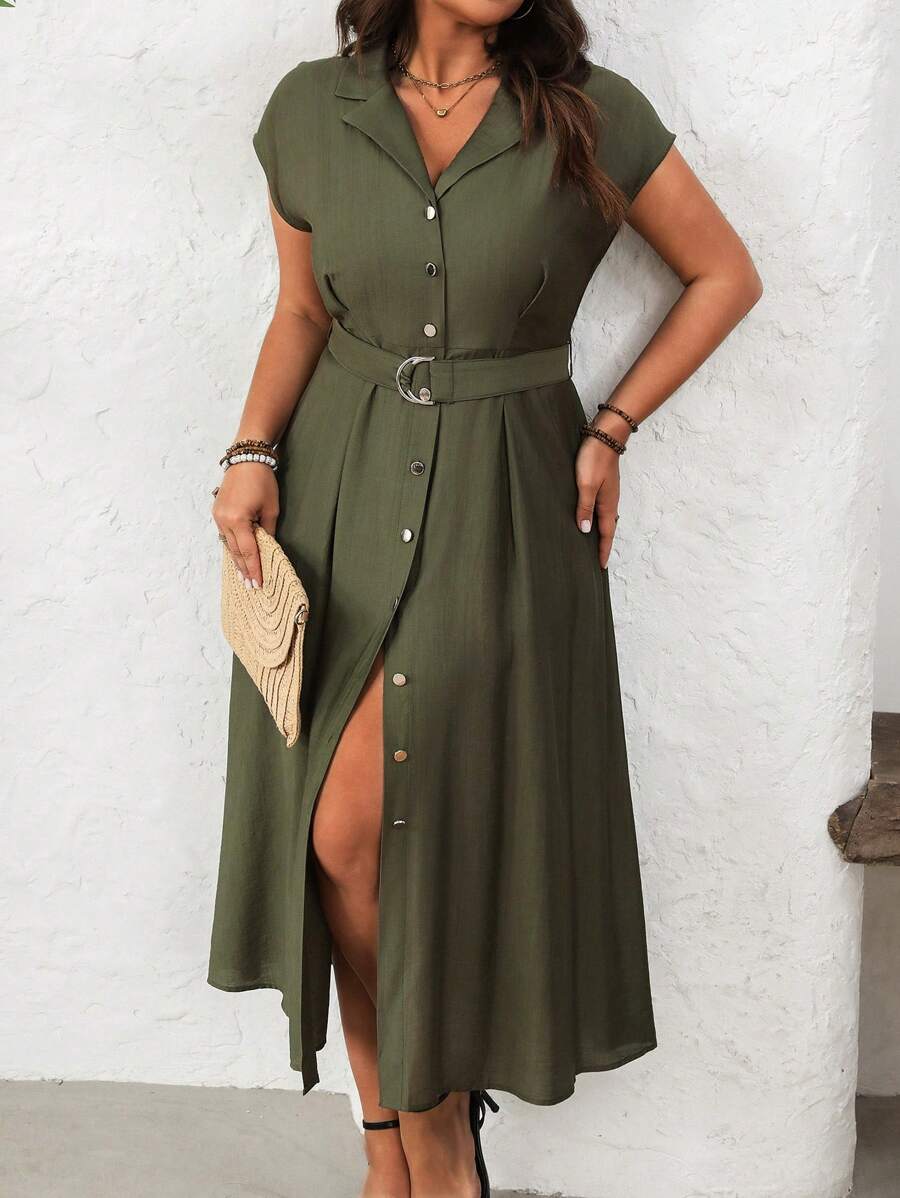 Step into effortless charm with this Elegant Plus Size V-Neck Belted Long Dress. Featuring a flattering V-neck and a sleek silver D-buckle belt, it perfectly hugs your curves for both office meetings and weekend strolls. Lightweight and breezy, it’s your go-to for spring and summer days when comfort meets style. Dress it up or down—either way, you’ll turn heads with this versatile wardrobe essential!