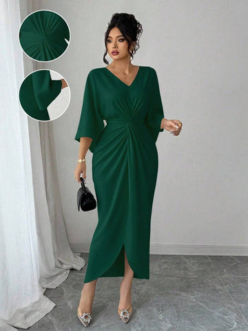 Slip into sophistication with this stunning plus-size bodycon dress that celebrates your curves in all the right ways. The plunging V-neckline draws the eye upward while the strategically cinched waist creates an hourglass silhouette that's absolutely show-stopping. Crafted for comfort and confidence, this dress hugs your figure beautifully without sacrificing movement. Perfect for date nights, special occasions, or whenever you want to feel like the most fabulous version of yourself. Because elegance isn't