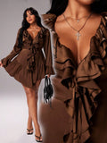 Elevate your wardrobe with this stunning coffee-hued mini dress that's as versatile as it is chic! The flattering V-neckline draws the eye upward, while flare sleeves add a touch of whimsy and movement. A delicate ruffled hem brings playful texture to this plus-size essential that transitions seamlessly from season to season. Whether you're dressing up for a night out or keeping it casual, this dress celebrates your curves with confidence and style. A wardrobe staple that proves elegance has no size limit!