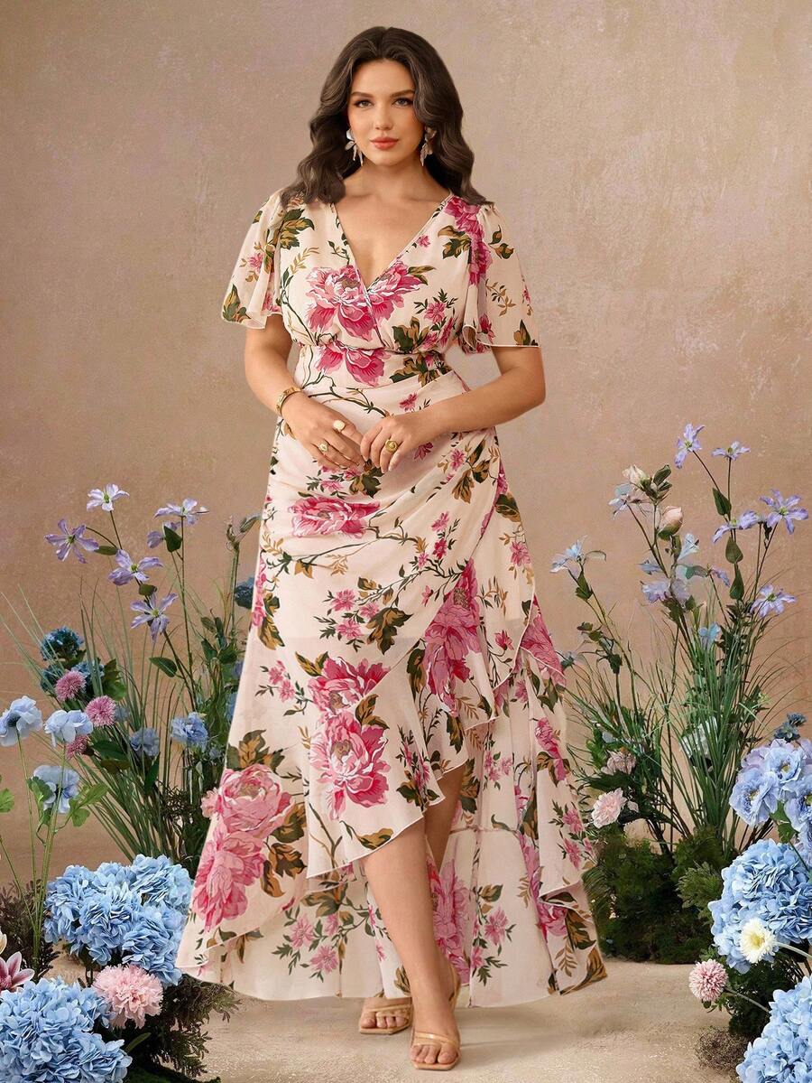 Celebrate in style with this stunning plus-size maxi dress, designed for those special moments. The elegant V-neckline flatters your silhouette while the vibrant floral print adds a touch of romance and sophistication. Delicate ruffle sleeves frame the shoulders beautifully, creating movement and dimension. Perfect for parties, holiday gatherings, and formal occasions, this dress combines comfort with timeless elegance. 