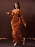 Step into the spotlight with this Elegant Plus Size Velvet Maxi Dress in rich brown. Featuring a deep V-neck and flowing silhouette, it’s designed to flatter your curves while keeping comfort front and center. Whether you’re dancing at a party, celebrating graduation, or attending a wedding, this dress offers a luxurious feel and timeless style that makes every occasion extra special. Ready to turn heads and steal the show? This velvet beauty has got you covered.