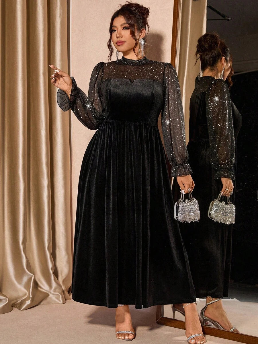 Make a statement at your next celebration in this stunning velvet mesh puff sleeve dress! Designed for the modern woman who refuses to compromise on style or comfort, this plus-size beauty features luxurious velvet paired with delicate mesh accents and dramatic puffed sleeves that command attention. The flattering silhouette celebrates your curves while the soft, breathable fabric keeps you feeling fabulous all night long. Whether you're heading to a party, special event, or night out with friends, this dre