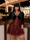 Unleash your inner glam with our Elegant Plus Size Velvet Sequin Dress! This stunning dress features a v-neckline and a tie front, adding a touch of elegance to your look. The soft velvet material and sparkly sequin details will make you feel like a queen while flattering your curves. Perfect for any special occasion, this dress will make you stand out in the best way possible.