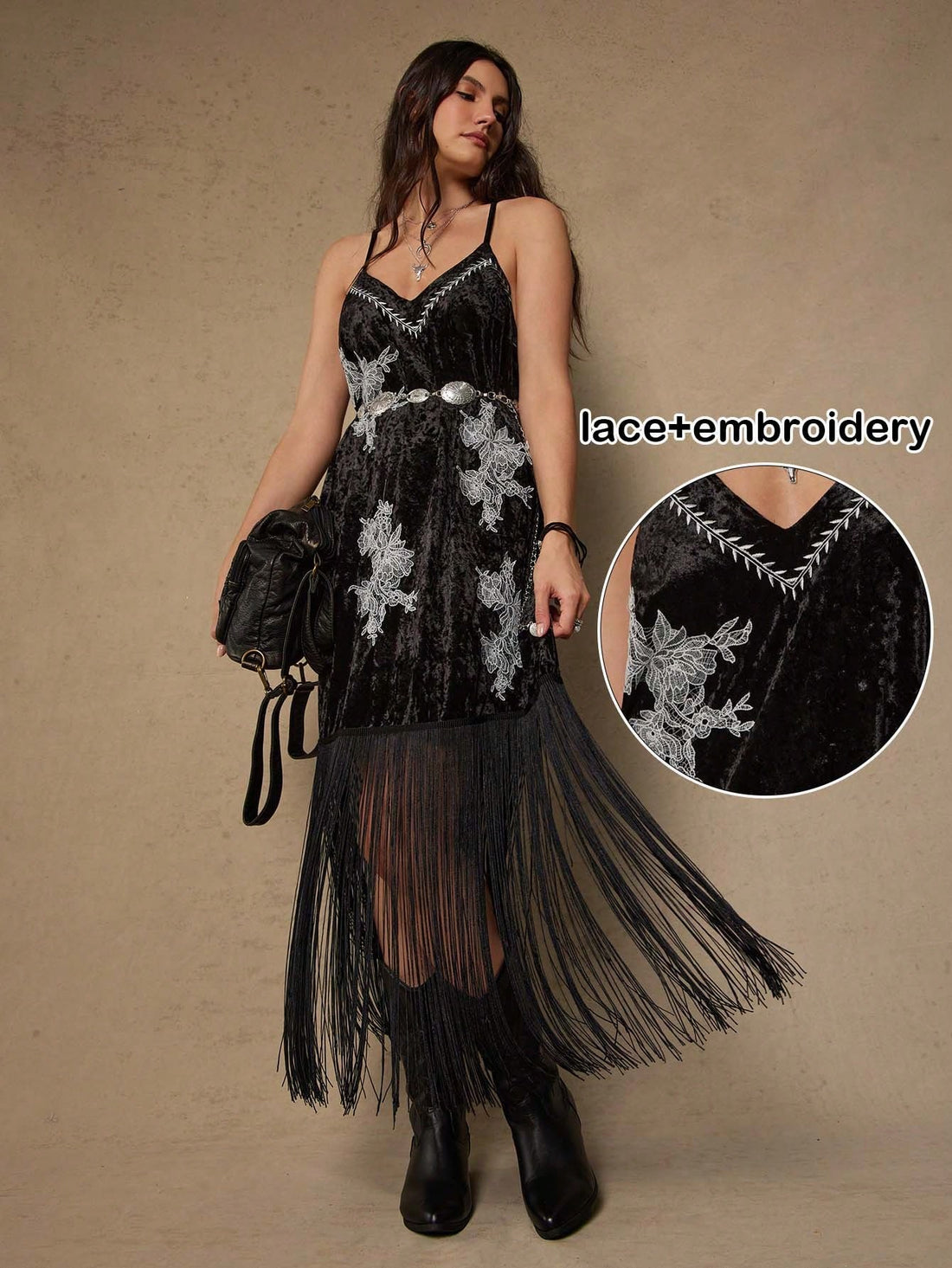 Step into the spotlight with this show-stopping slip dress that celebrates curves and vintage charm. Crafted from soft knit fabric, it features intricate embroidery that catches the light beautifully, paired with playful fringe detailing that moves with every step. The elegant silhouette flatters plus-size figures while the timeless design works for cocktail parties, date nights, or any occasion calling for a touch of retro glamour. Slip it on and feel absolutely fabulous.