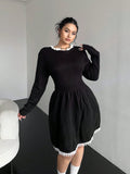 Wrap yourself in cozy charm with this plus size winter knitted dress. Featuring a playful umbrella silhouette and delicate pleated lace trim, it combines warmth with whimsical elegance. Perfect for chilly days when you want to stay snug without sacrificing style.