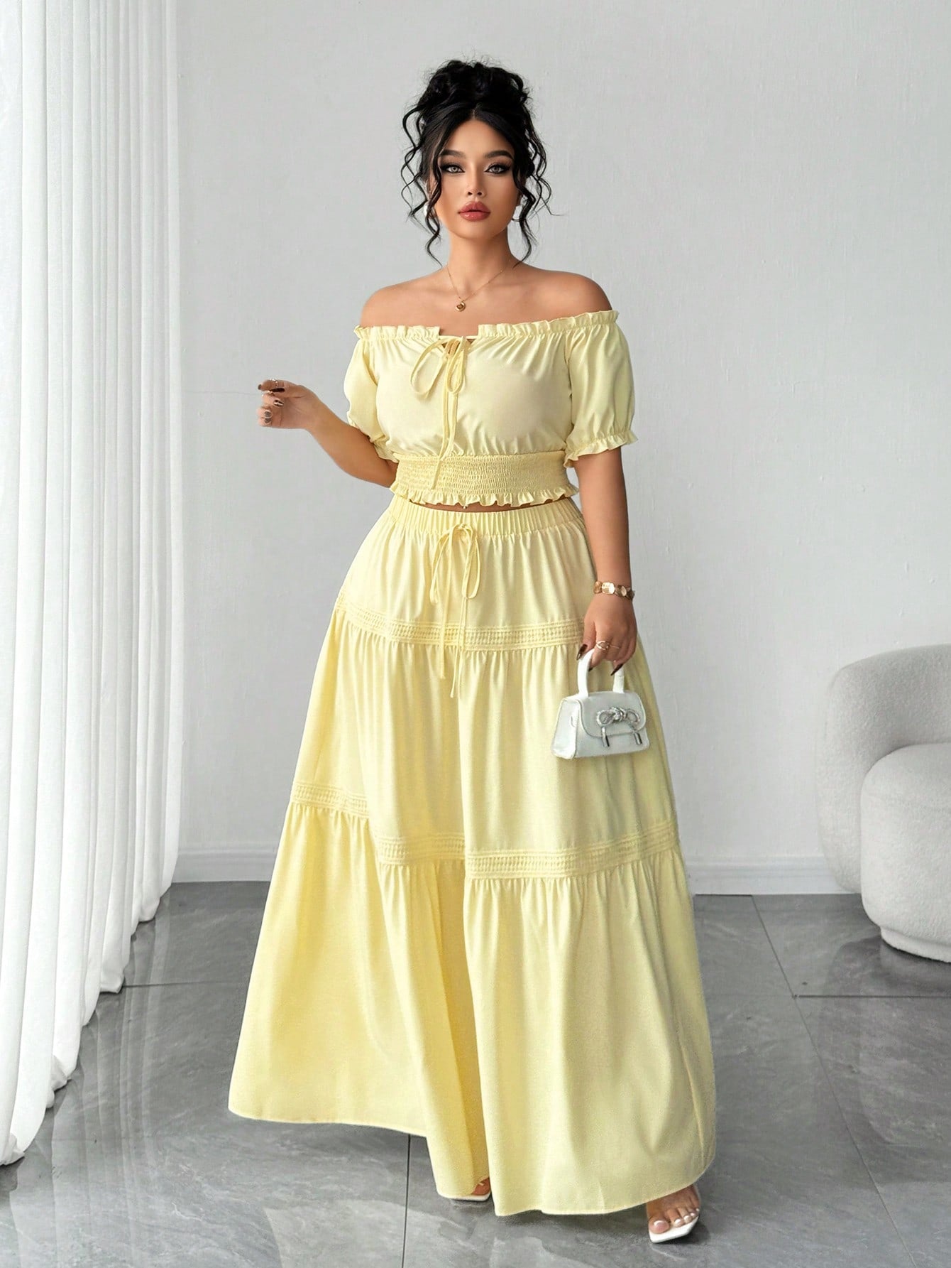 Make a statement in this charming two-piece set that's as versatile as you are! The puffed sleeves add a touch of romance while the bow-cinched waist flatters your silhouette beautifully. Pair the coordinating skirt with the matching top for effortless elegance at brunch, date night, or your next getaway. Designed for curves and comfort, this set celebrates your style with playful sophistication. Whether you're dressing up or keeping it casual, you'll feel confident and fabulous in every moment.