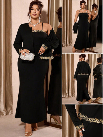 Elevate your wardrobe with this stunning two-piece set designed for the modern woman who loves to make an entrance! The luxe long-sleeve jacket features delicate gold lace trim that catches the light beautifully, while the slip dress boasts a flattering fishtail waist that adds movement and drama to every step. Perfect for date nights, celebrations, or whenever you want to feel absolutely fabulous, this set combines sophistication with playful elegance. Available in plus sizes because style has no limits—ju