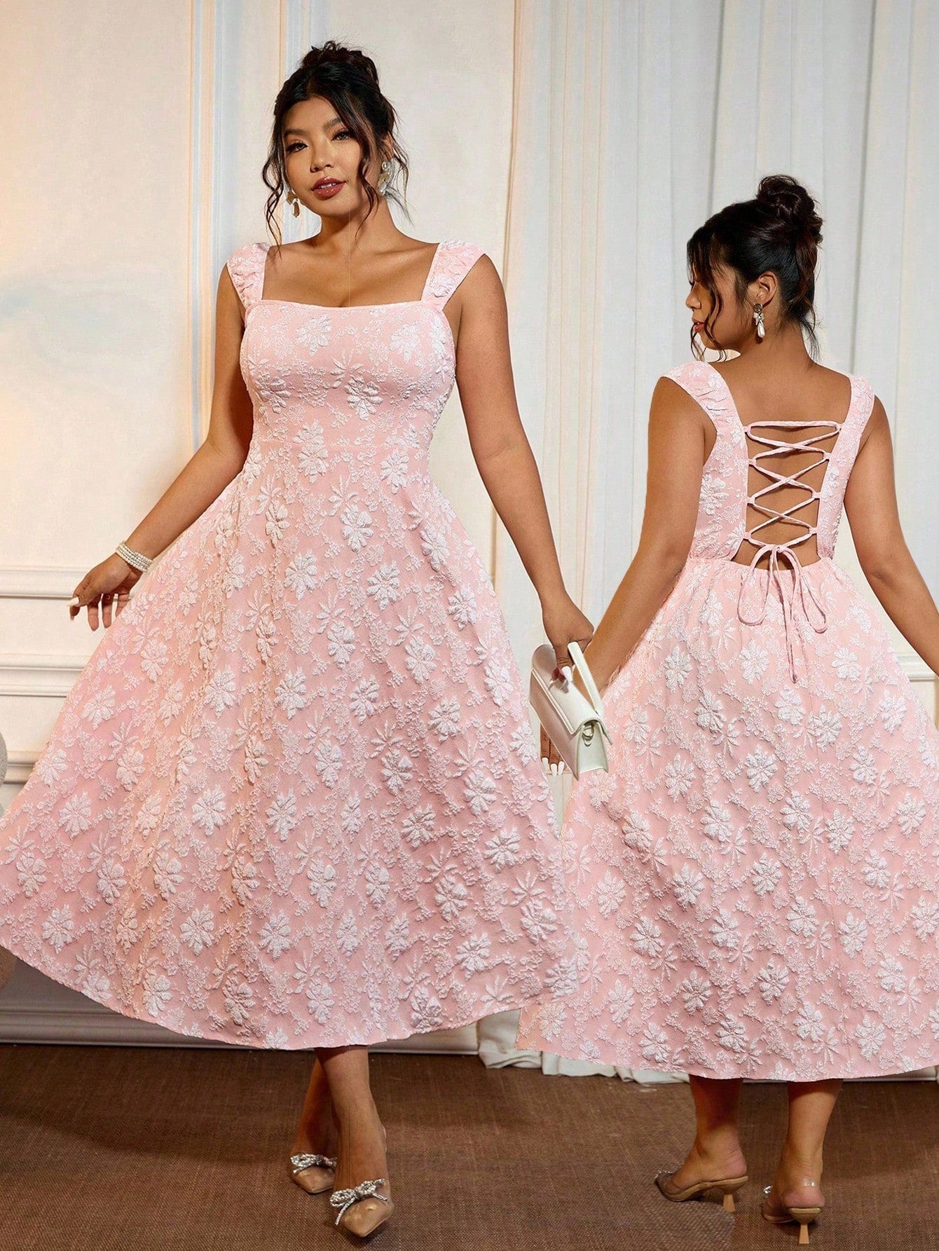 Embrace your curves with this playful plus size A-line dress, crafted from textured jacquard fabric for a touch of elegance. The square neckline frames your décolletage beautifully, while the drawstring waist lets you customize your fit for comfort and style. Perfect for twirling through any occasion with confidence and charm!