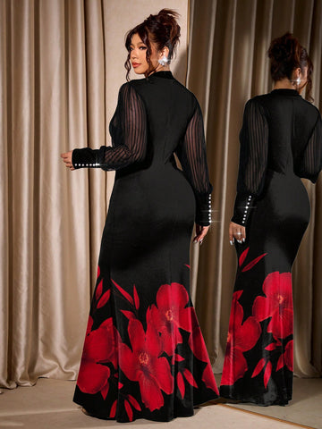 Embrace the season in style with this stunning plus-size dress that's equal parts sophisticated and fun. Featuring a gorgeous autumn floral print paired with playful striped accents, this piece celebrates your curves with confidence. The semi-sheer sleeves add an elegant touch of allure while keeping things comfortable and breathable. Perfect for parties, special occasions, or whenever you want to turn heads, this dress proves that looking fabulous in your size is absolutely non-negotiable. Slip it on and l