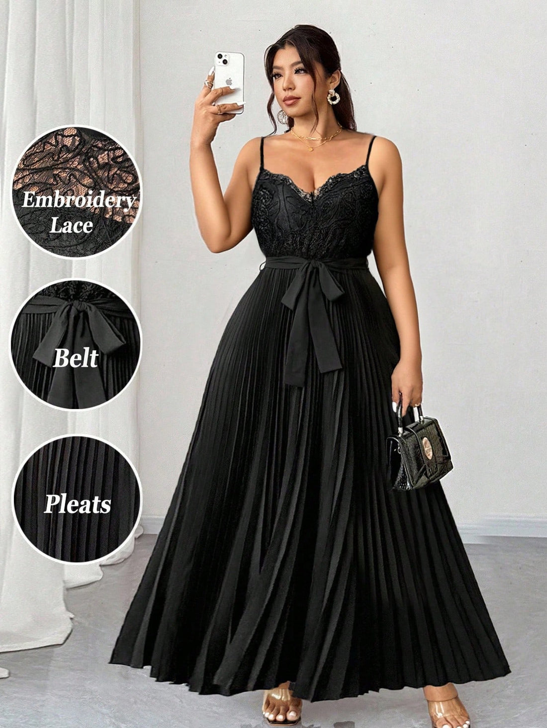 Make a statement at your next celebration in this stunning plus-size party dress! Featuring an exquisite embroidered lace collar that adds instant sophistication, paired with graceful pleating throughout for a flattering silhouette. The charming bow tie waist cinches beautifully, creating an hourglass effect that's both elegant and fun. Perfect for cocktail parties, weddings, or any special occasion where you want to feel absolutely fabulous. This dress celebrates curves with style and confidence!