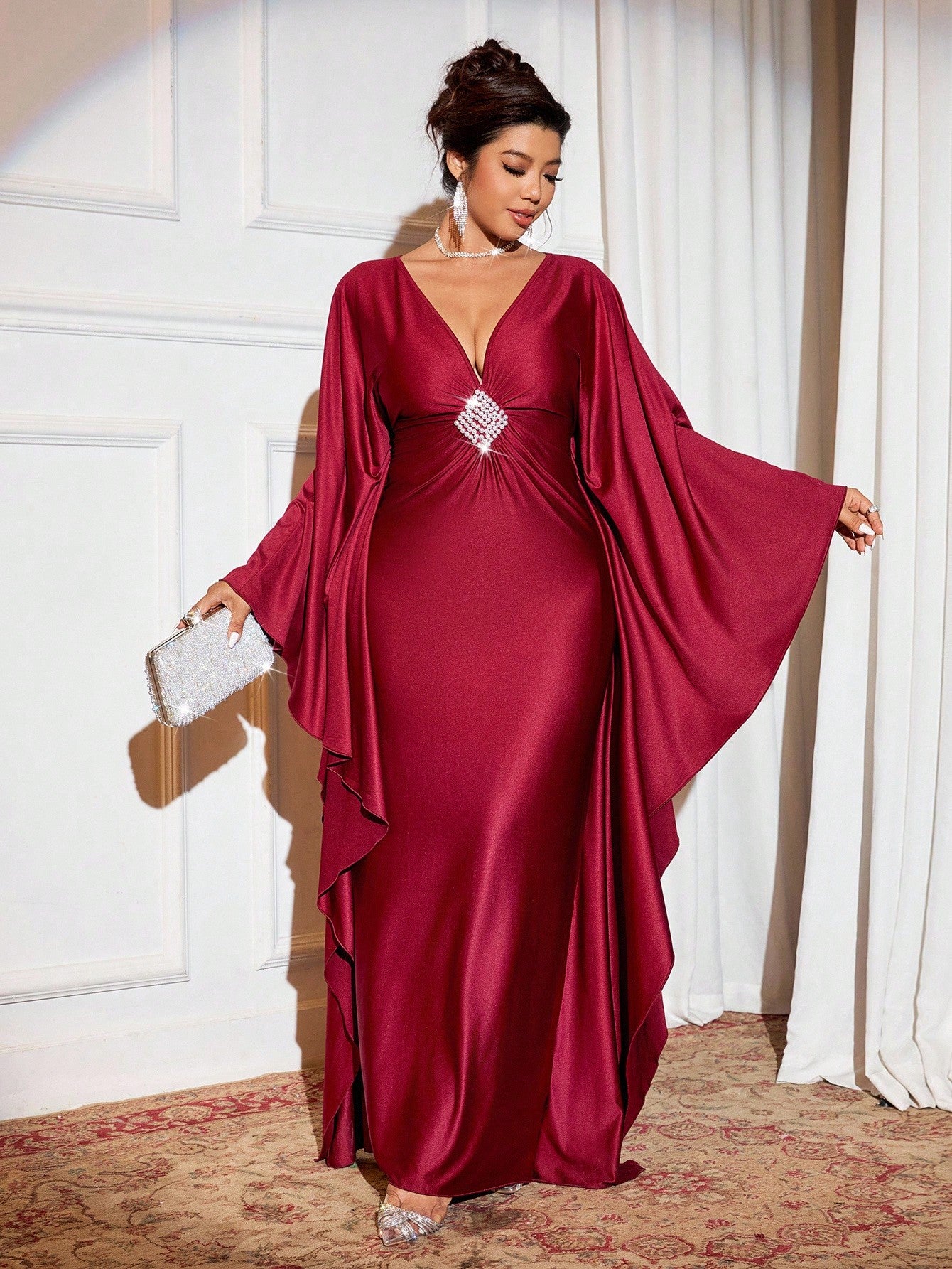 Make a statement this holiday season in this stunning plus-size long dress! Featuring a flattering deep V neckline and eye-catching bubble bead detailing, this elegant piece transforms you into the star of any Christmas party. The flowing silhouette celebrates your curves while the intricate beadwork catches the light beautifully. Perfect for festive gatherings, holiday galas, or any special occasion where you want to feel confident and fabulous. Slip into sophistication and let your inner sparkle shine!