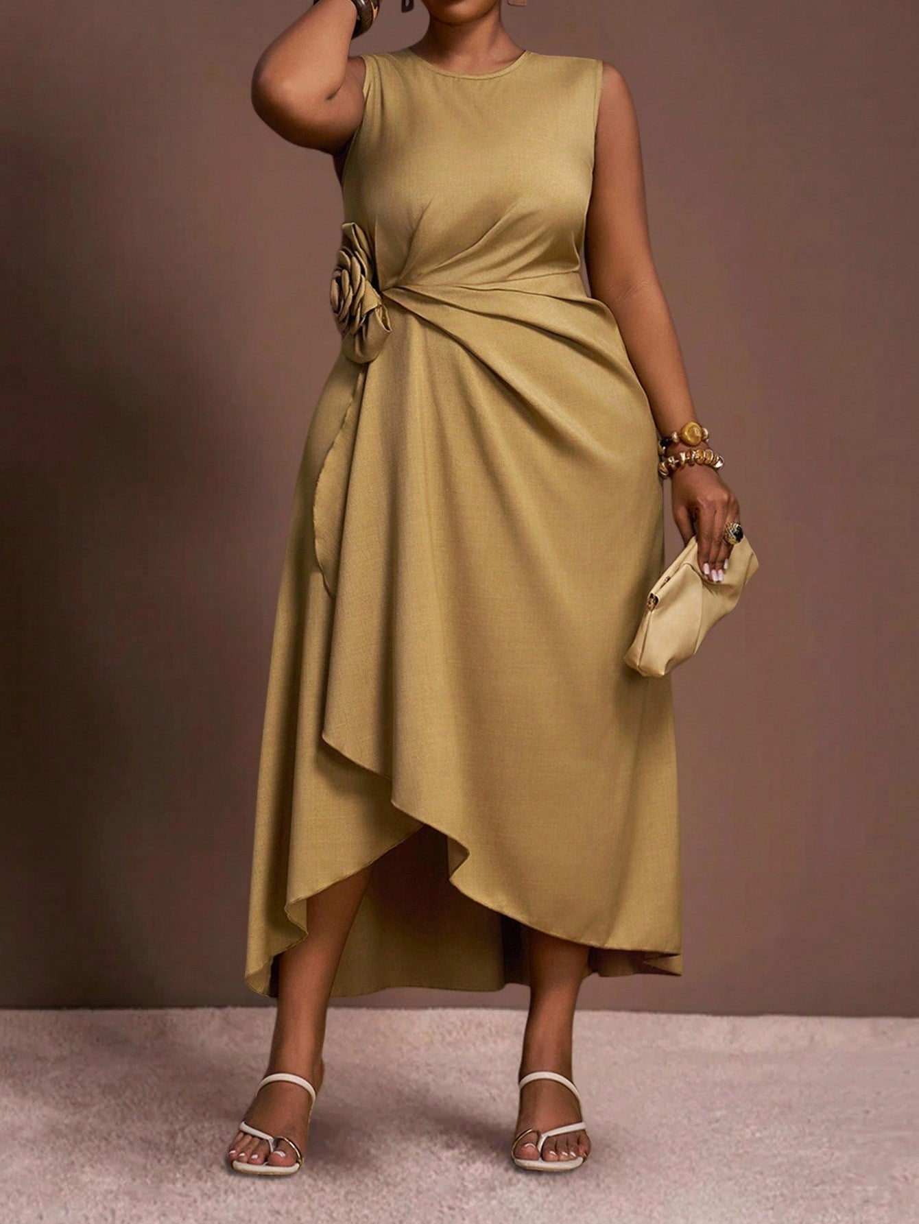 Step into charm with this Elegant Plus Size Women’s Dress, where solid colors meet delightful 3D floral details. The ruched design flatters your curves, while the round neck and sleeveless cut keep things breezy and fun. Perfect for turning heads without trying too hard!