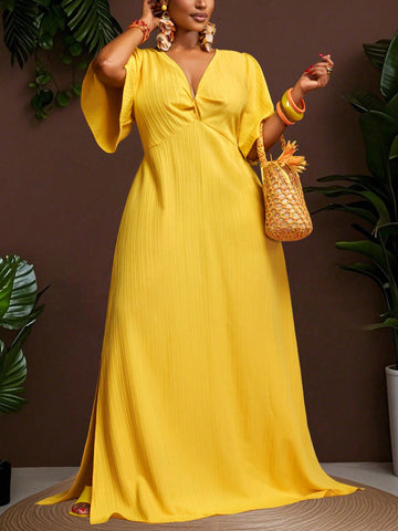 Brighten your sunny days with this playful plus size yellow maxi dress! Featuring a flattering V-neck and breezy bell sleeves, it’s perfect for spring and summer getaways or lively parties. The flowing silhouette ensures comfort and style, making every moment feel effortlessly radiant. Embrace warmth and fun wherever you go!