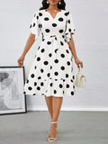Unleash your inner fashionista with this elegant polka dot midi dress! This dress features playful ruffle sleeves and a self-tie belt for a flattering and stylish look. Perfect for summer, this dress will have you looking and feeling stylish and confident. Go ahead, add it to your wardrobe! (Fashion-forward, stylish, flattering)