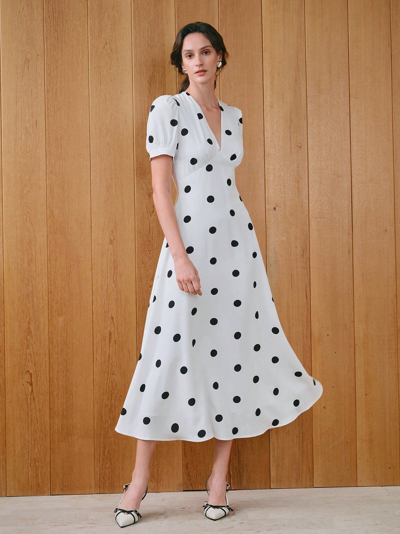 Get ready to turn heads with our Elegant Polka Dot Puff Sleeve Dress for Women! Featuring a stylish woven lined short dress, this dress will make you stand out in any crowd. Add a touch of elegance and playfulness to your wardrobe with this must-have dress.