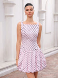 Step into summer with this playful sleeveless dress featuring charming polka dots, a flattering square collar, and a delicate tulip hem. Its breezy design keeps you cool while adding a touch of whimsy to your look, perfect for sunny days and casual outings.