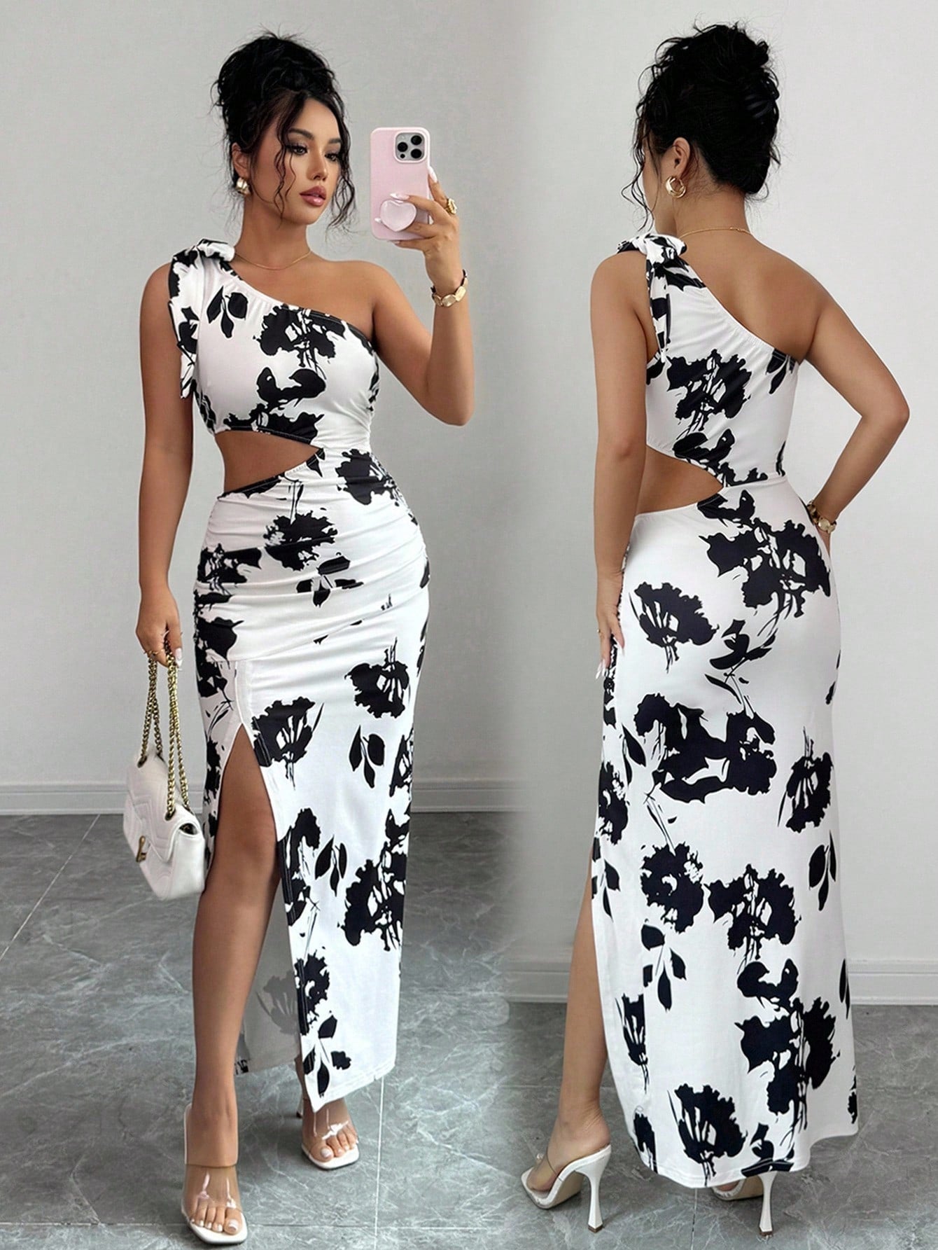 Turn heads effortlessly in this Elegant Printed One-Shoulder Dress, designed to bring out your graceful side at any event. The playful print combined with the chic one-shoulder cut creates a fun yet sophisticated look perfect for day or night. Whether you're dancing at a party or enjoying a stylish brunch, this dress moves with you, making every moment a chance to shine.