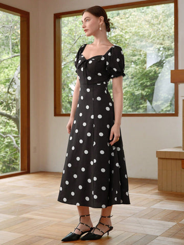 Upgrade your formal wear game with this Elegant Puff Sleeve Polka Dot Floral Dress. Its stylish and fitted design showcases playful polka dots and delicate florals, while the puff sleeves add a touch of elegance. Perfect for any occasion, this dress will surely make you stand out in a crowd.