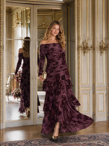 Full view of burgundy floral off shoulder tiered maxi evening dress with flowing high-low hem