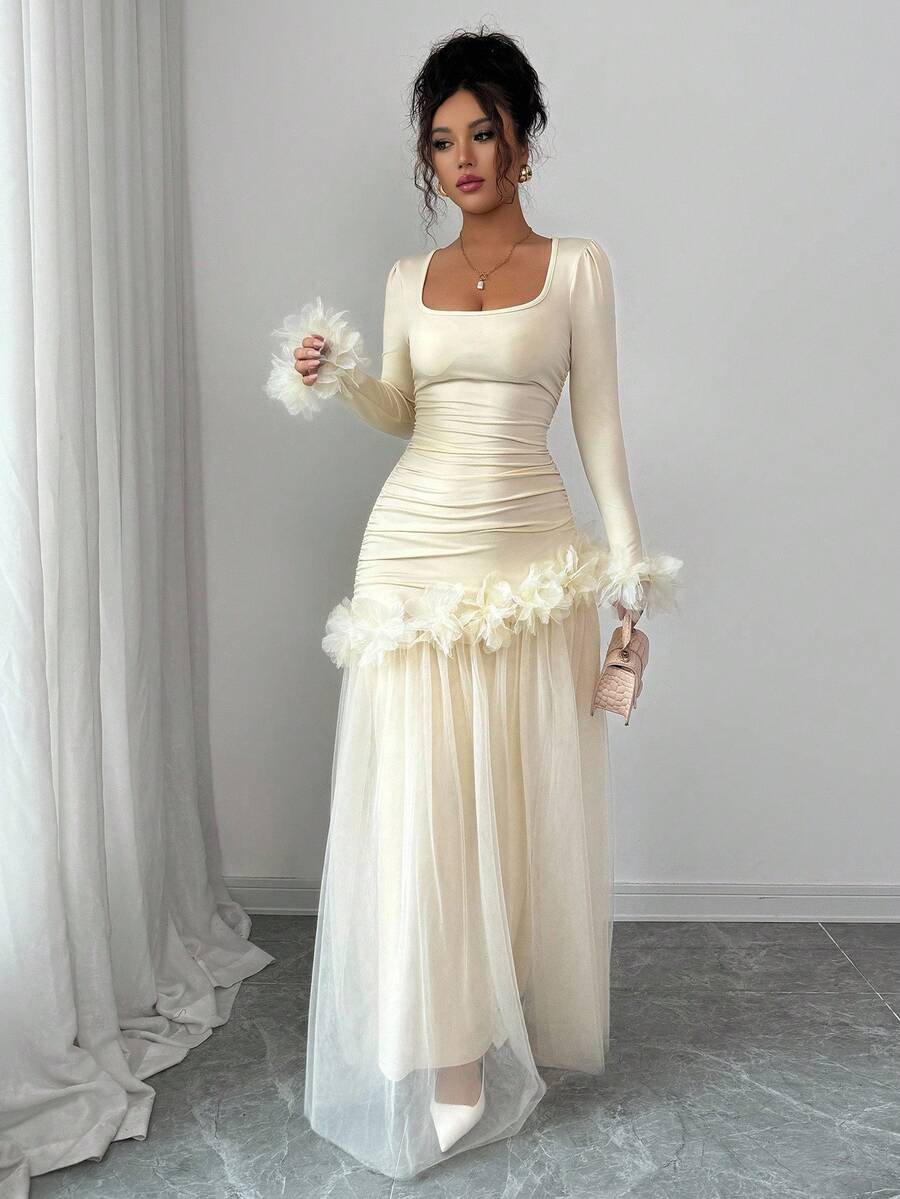 chinese dress ladies Elegant Purple Floral Lace Mid-Length Dress for Winter Weddings and Travel  – Romantic French Style with Long Sleeves