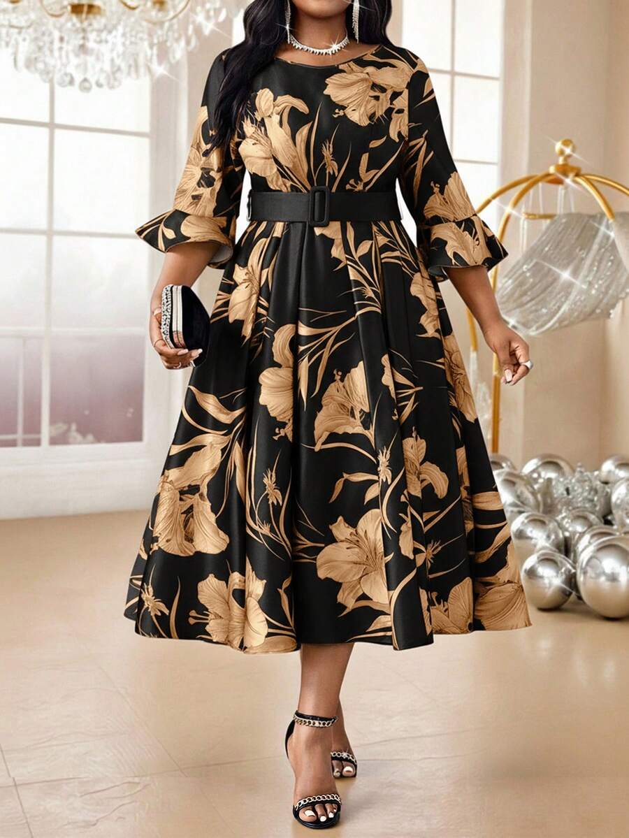 Elegant Purple Floral Midi Dress for Every Season: Chic Belted A-Line Style for Weddings and Parties Elegant Purple Floral Midi Dress for Every Season: Chic Belted A-Line Style for Weddings and Parties