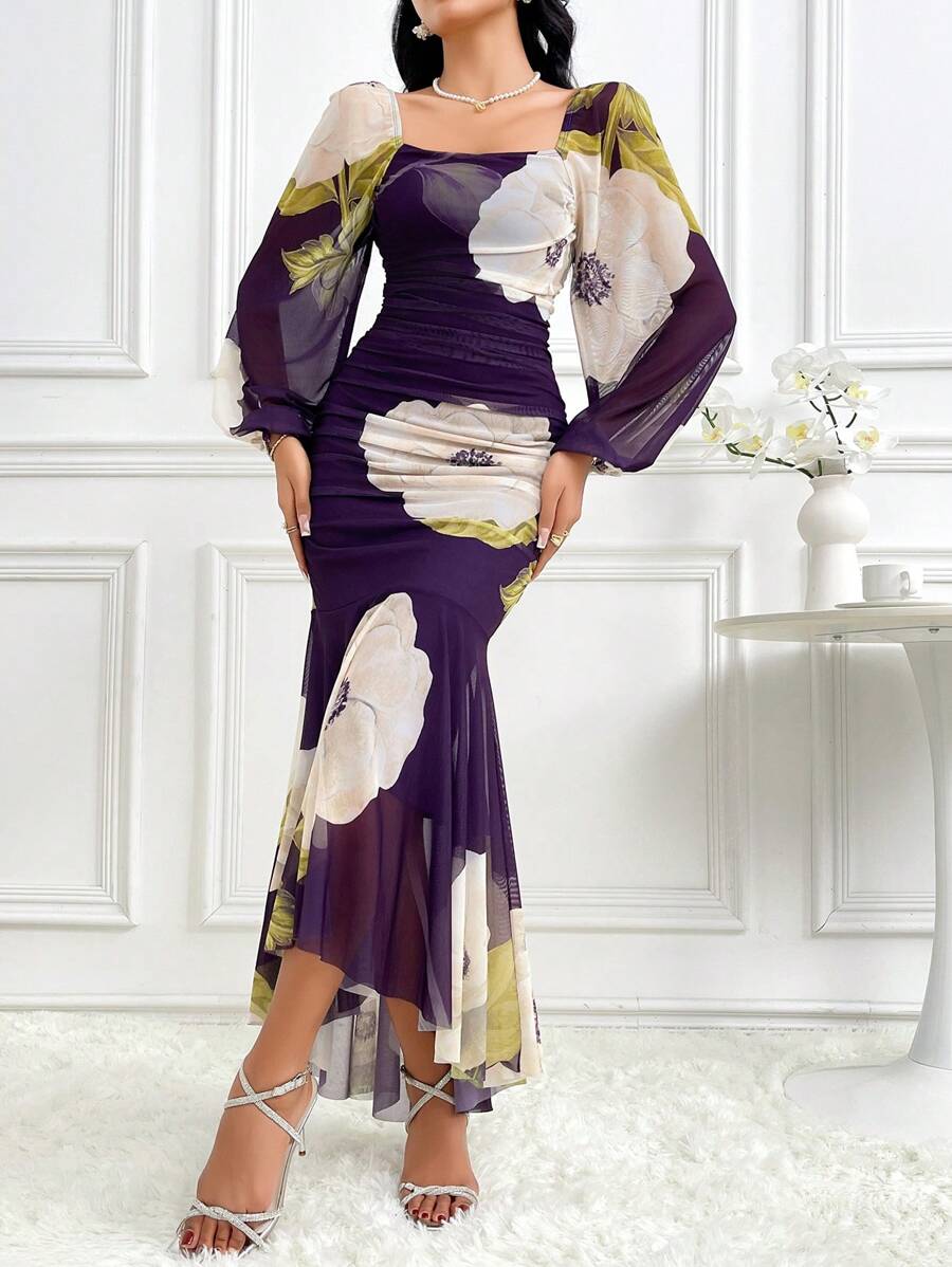 Elevate your evening wardrobe with this stunning purple floral dress, designed for timeless elegance. Featuring bishop sleeves with delicate puffing and a flattering fishtail hem, this maxi dress combines sophistication with modern style. The square neckline and ruched bodycon silhouette create a refined, feminine shape, while the all-over floral print adds visual interest. Crafted from a breathable knit blend with slight stretch for comfort, this lined dress transitions seamlessly from weddings to special 