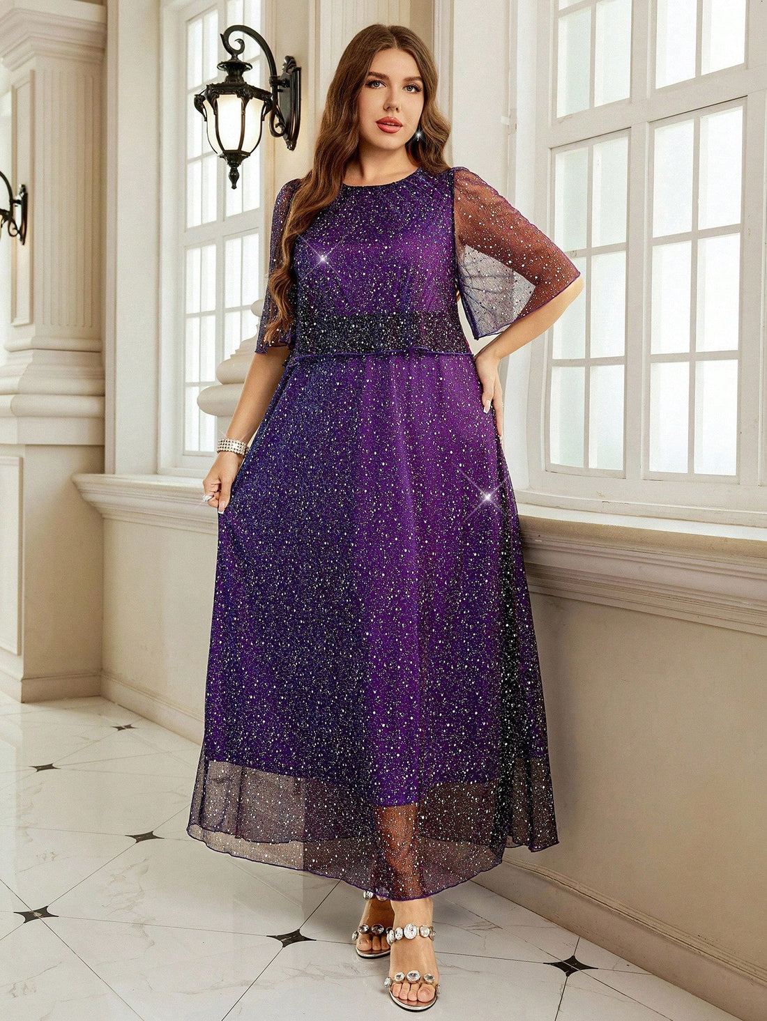 Turn heads at any celebration in this Elegant Purple Plus Size Sequin Dress. Glittering sequins catch the light while the pleated foil adds a whimsical shimmer. Designed to flatter and celebrate curves, it’s your perfect party and wedding companion for a dazzling, confident look.