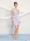 Turn heads with this playful purple strapless mini dress, featuring a charming bowknot detail that adds a flirty touch. Perfect for weddings, parties, or any special occasion, its sleek silhouette lets you dance the night away in style and comfort. Embrace fun and elegance all in one!