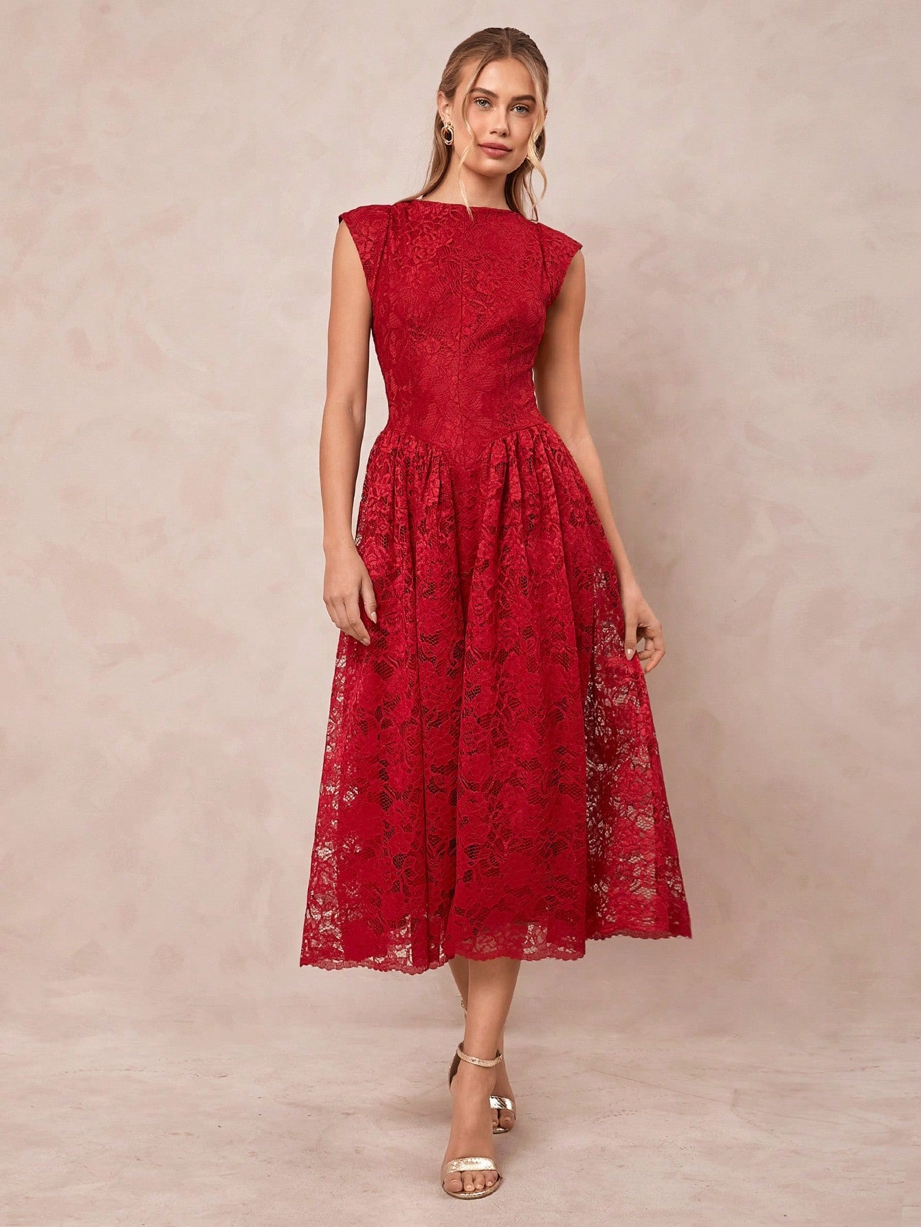 Elegant Red Lace Pleated A-Line Dress for Women