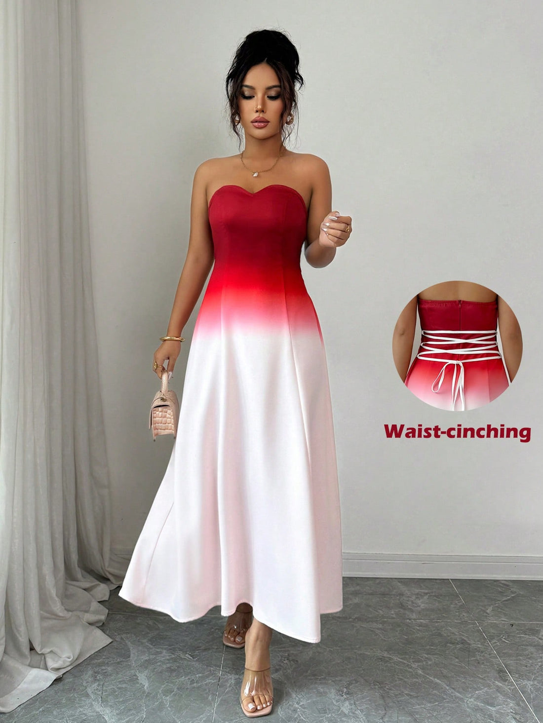 Slip into sophistication with this stunning red ombre bandeau midi dress that's equal parts glamorous and fun. The gradient hue transitions beautifully from deep crimson to lighter shades, while the ruched waist cinches your silhouette for a flattering fit. Playful puff sleeves add a touch of whimsy and dimension to the design. Perfect for date nights, special occasions, or whenever you want to turn heads, this midi-length beauty strikes the ideal balance between elegant and effortlessly chic. A wardrobe es