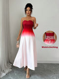Slip into sophistication with this stunning red ombre bandeau midi dress that's equal parts glamorous and fun. The gradient hue transitions beautifully from deep crimson to lighter shades, while the ruched waist cinches your silhouette for a flattering fit. Playful puff sleeves add a touch of whimsy and dimension to the design. Perfect for date nights, special occasions, or whenever you want to turn heads, this midi-length beauty strikes the ideal balance between elegant and effortlessly chic. A wardrobe es