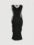 Black mesh overlay bodycon maxi dress with cowl neckline