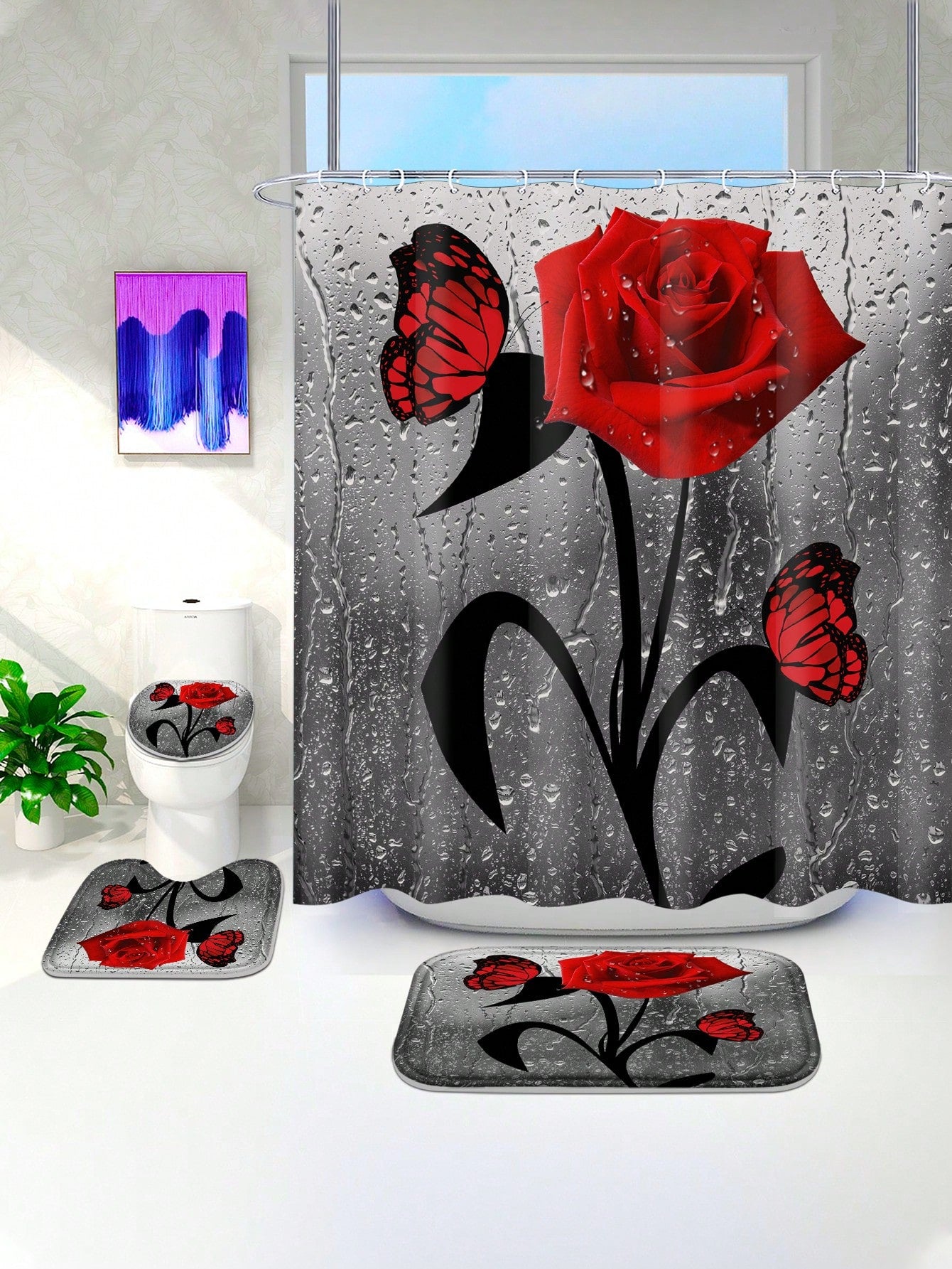 Transform your bathroom into a whimsical oasis with our Elegant Red Rose Butterfly Bathroom Set. The waterproof thermal insulated shower curtain provides ultimate privacy, while the matching mats and hooks add a touch of charm and convenience. Upgrade your daily routine with this beautiful set!