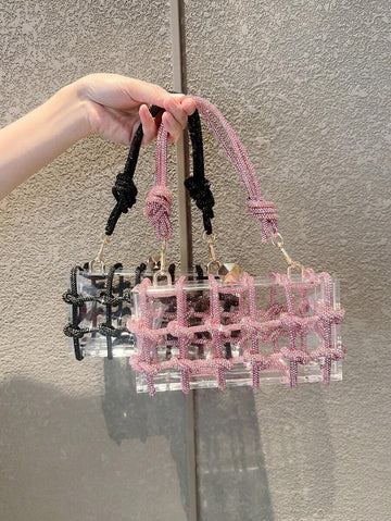 Turn heads at every party with this elegant acrylic clutch, sparkling with rhinestone embellishments that catch the light just right. Perfectly sized for your must-haves, it adds a dazzling touch to weddings and special occasions while keeping your essentials close in style. Ready to shine? This clutch is your new go-to glam companion.