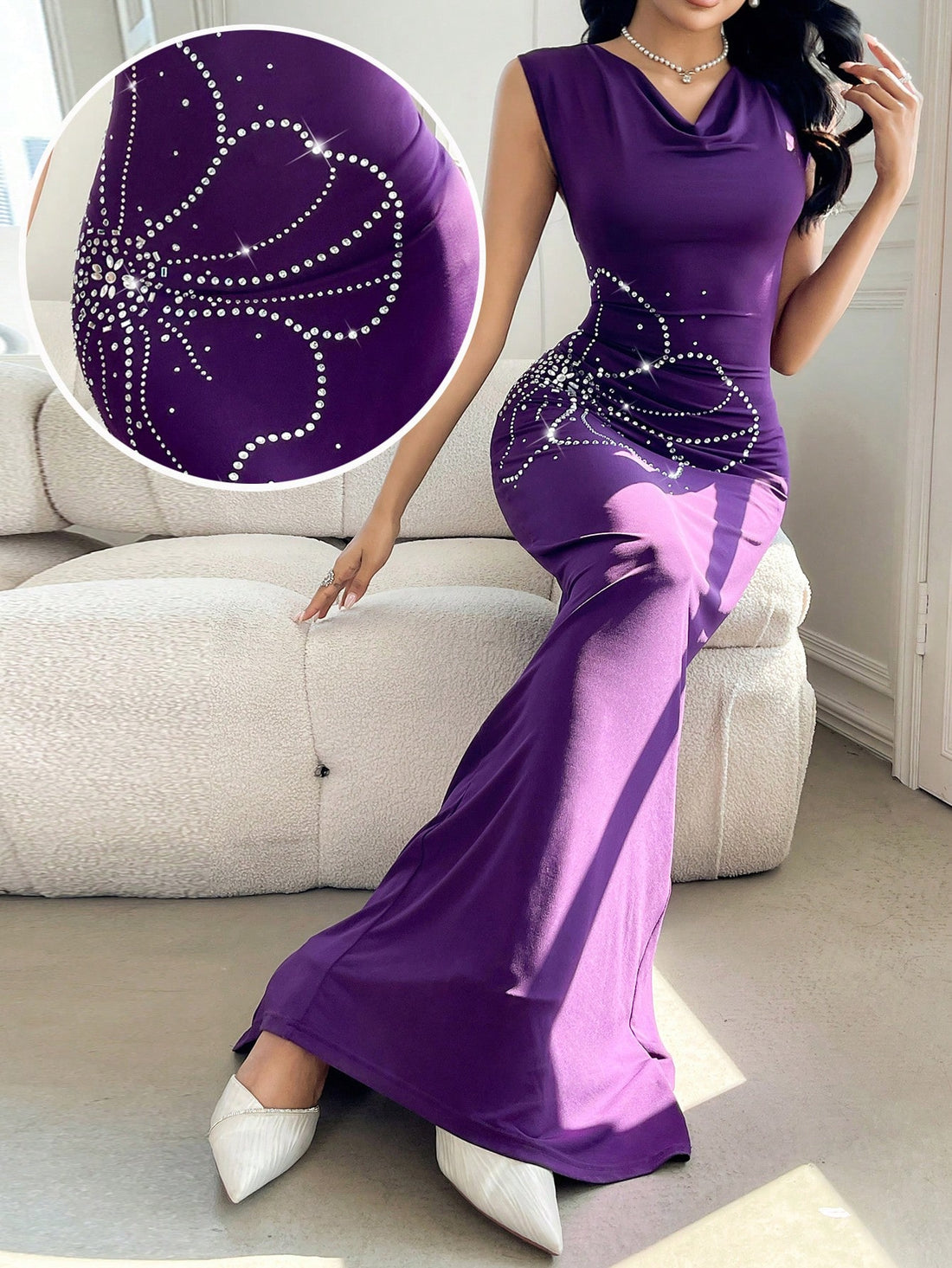 Shine bright and stand out in our Elegant Rhinestone-Embellished Fitted Sleeveless Purple Dress for Women. With stunning rhinestone embellishments and a fitted silhouette, this dress exudes elegance and style. Perfect for any occasion, you'll be sure to make a statement with this unique and chic dress.