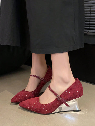Add some sparkle to your step with our Elegant Rhinestone-Embellished Mary Jane Wedge Heels. Perfect for any stylish woman looking to elevate her outfit and add a touch of glam. These heels are sure to turn heads and make you feel confident and chic.